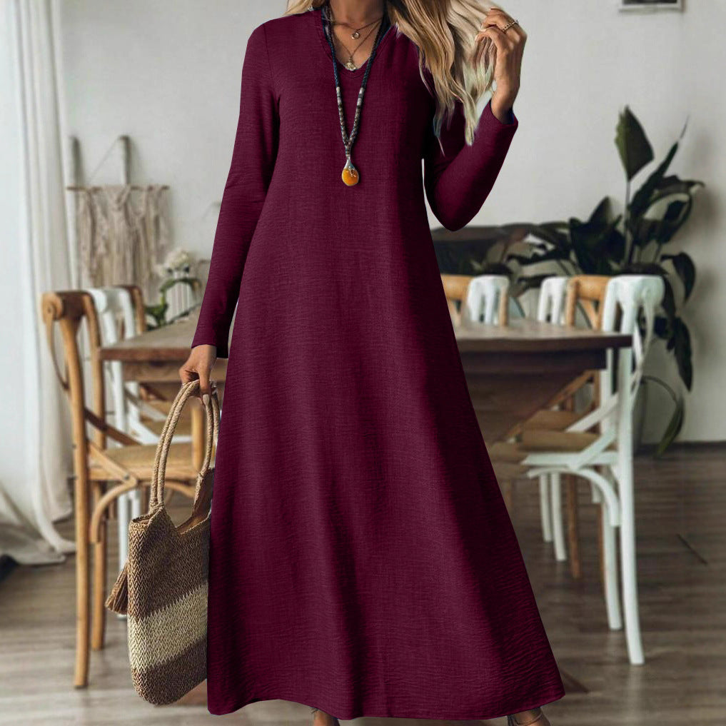 Loose Slim-fit Solid Color Long Sleeve Maxi Dress