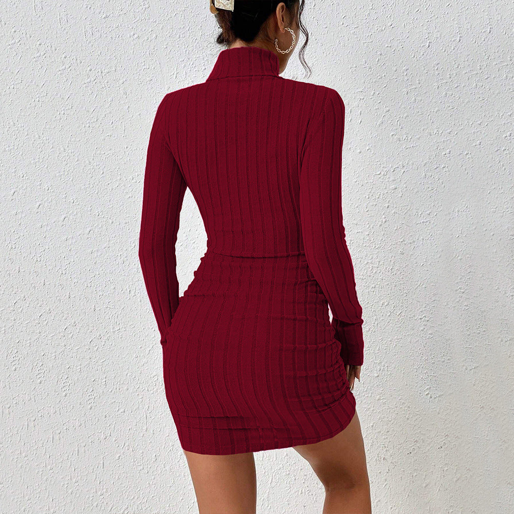 European And American Mature Style Wine Red Dress Autumn And Winter Simple High-neck Versatile Short Skirt
