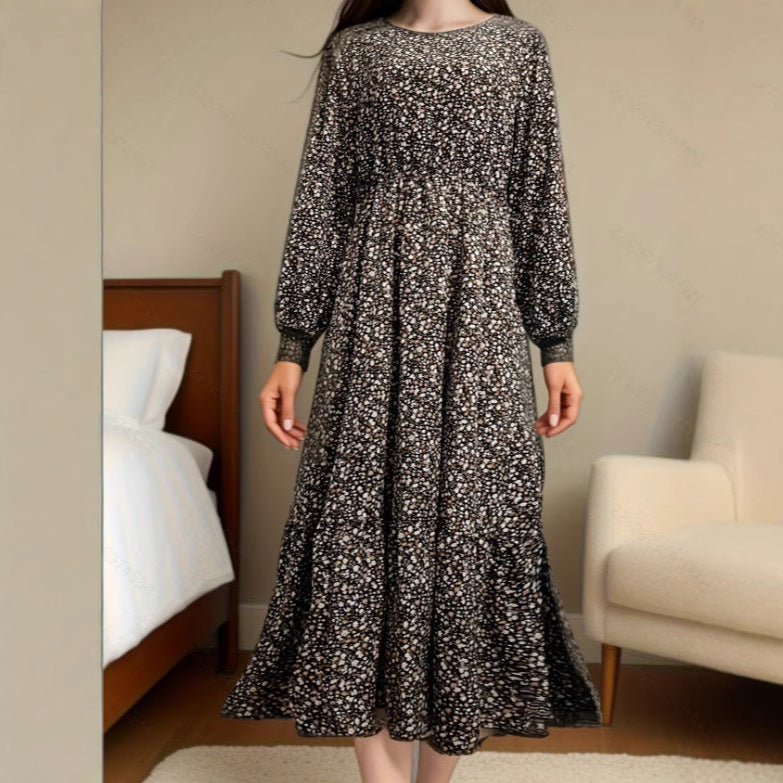 New Chiffon Round Neck Tie-waist Long Sleeve Knee-length Dress