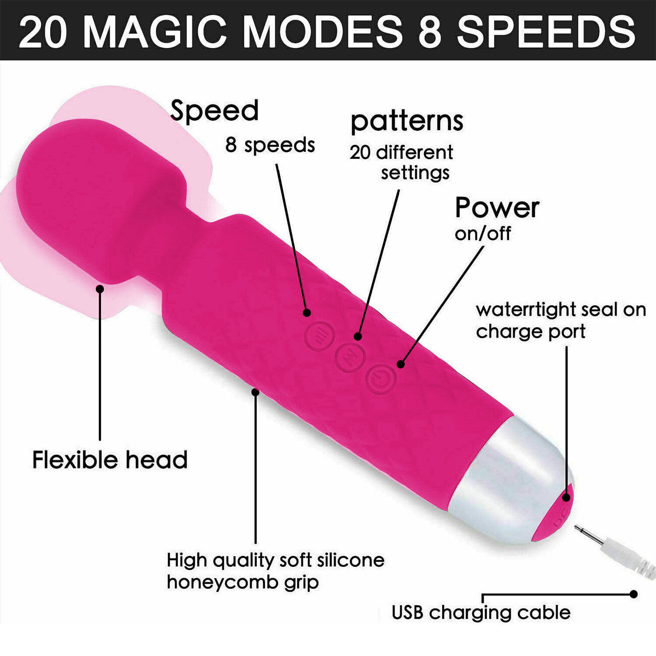 Magic Massage Wand Muscle Relaxation Massager 20 Speed Vibrating Full Body Therapy Motor USB Rechargeable