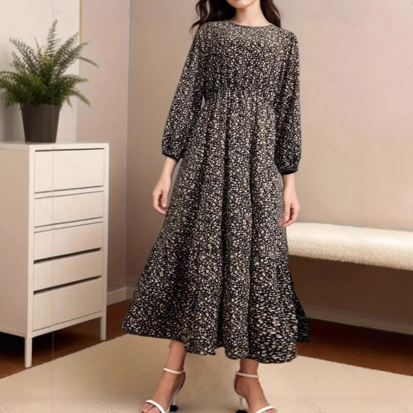New Chiffon Round Neck Tie-waist Long Sleeve Knee-length Dress