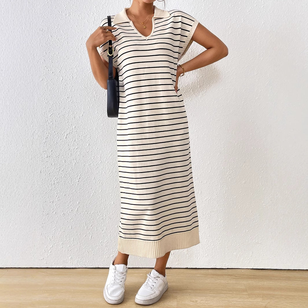 Women's Knitted Striped V-neck Long Dress