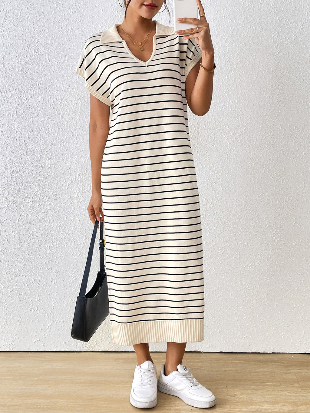Women's Knitted Striped V-neck Long Dress