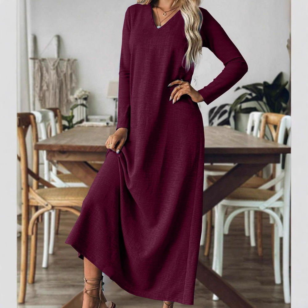 Loose Slim-fit Solid Color Long Sleeve Maxi Dress